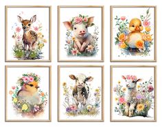 four framed pictures with animals and flowers on the bottom one has a duck, deer, pig, and chick in it