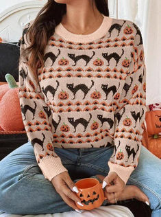 spooky cats knitted sweater Scaredy Cat Sweater For Womens Crew Neck Ulgy cat pumpkin Sweater gifts for cat owners gift ideas #catlover #lovecat #giftideas #catowner #pumpkin #ulgysweater #catsweater #giftsforcatlover #halloweensweater #cat #sweater Halloween Sweaters For Women, Casual Halloween Sweater, Cute Halloween Sweaters For Women, Punpkin Sweater, Halloween Sweater Vintage, American Sweater, Chevron Sweater, Tunic Designs, Halloween Sweater