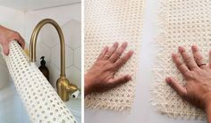 two pictures side by side, one with hands on the rug and the other with crocheted material