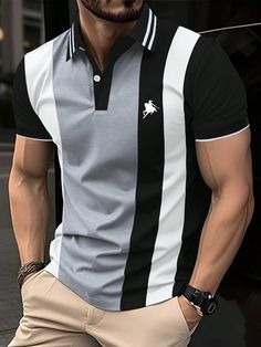 Camisa polo de manga corta con bloques de color para hombres Multicolor Casual  manga corta Poliéster Animal,Color combinado,A rayas  Elástico Ligero  Men Clothing, size features are:Bust: ,Length: ,Sleeve Length: Kids Beachwear, Polo Shirts, Women Clothes Sale, Color Block, Mens Polo, Clothing And Shoes