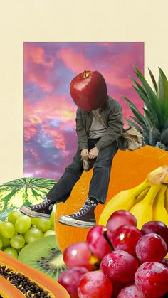 a man sitting on top of a pile of fruit with an apple in the background