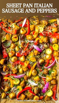 roasted vegetables in a baking pan with herbs and seasonings on the top, ready to be cooked