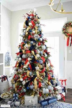 29 Blue Christmas Tree Ideas: Bringing Winter Magic Into Your Home - ReenaSidhu Blue Red Silver Christmas Tree, Red Gold Blue Christmas Tree, Red White And Blue Christmas Tree, Blue And Red Christmas Tree, Blue And Red Christmas, White Christmas Tree Decorations, Red Gold Christmas, Red And Gold Christmas Tree