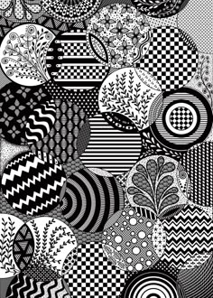 a black and white drawing of many different objects in the shape of an abstract pattern