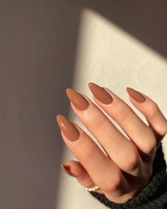 No Chip Gel Manicure, Fall Nails Inspiration Almond, Mocha Nails Acrylic Almond, Fall 2023 Pedicure Trends, Narrow Almond Shape Nails, Toffee Nail Color, Dark Tone Nails, Winter Oval Acrylic Nails, Butterscotch Nails