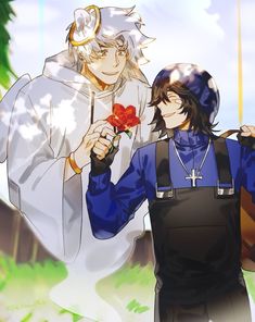 two people standing next to each other with one person holding a flower in his hand