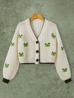 Multicolor Casual Collar Long Sleeve Knitwear Fruit&Vegetable  Embellished Slight Stretch  Women Plus Clothing Cute Knit Cardigan With Buttons, Crochet Sweater Design, Frog Pattern, Cream Knit Cardigan, Áo Len Cardigan, Plus Size Cardigans, Sweater Oversize, Button Front Cardigan, Really Cute Outfits