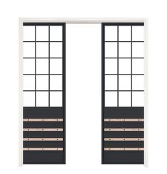 an open double door with black and gold trim