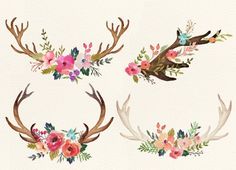 three antlers with flowers and leaves on them, one is painted in watercolor