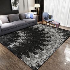 a black and white rug in a living room