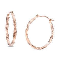 Uniquely designed, these glittering hoop earrings are a versatile look. Crafted in precious 10K rose gold, each 25.0mm hoop features two sparkling rows of gold that twist together in a surprising fashion. Buffed to a brilliant luster, these earrings secure with latch backs. Big Hoops Earrings, Rose Gold Hoop Earrings, Gold Hoops, Gold Hoop, Gold Hoop Earrings, Earring Backs, Designer Earrings, Fashion Earrings, Types Of Metal