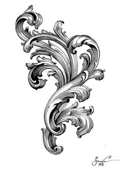 an ornate design in black and white with swirls on the top, as well as waves