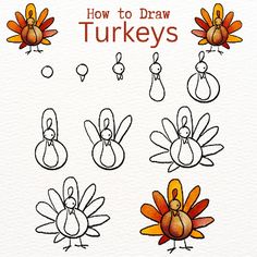 how to draw thanksgiving turkeys with markers and colored pencils for kids, step by step instructions