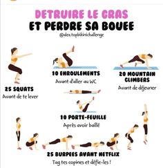 a woman doing yoga poses with the words deturre le gras et pedree sa boue