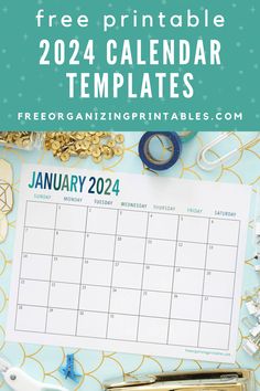 the free printable calendar for january is shown with scissors, tape and other items