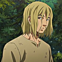 an anime character with long blonde hair staring at something in front of trees and bushes