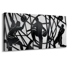 an abstract metal artwork depicting basketball players