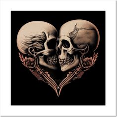 two skulls in the shape of hearts with roses