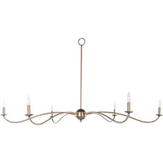 a brass chandelier with five candles hanging from the bottom and four lights on each end