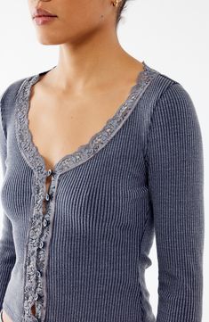 A button-and-loop closure secures the front of this lace-trimmed cardigan textured with soft, curve-hugging ribbing. 20" length (size Medium) Exclusive retailer Front button-and-loop closure V-neck Long sleeves 60% cotton, 40% polyester with 93% nylon, 7% elastane contrast Machine wash, line dry Imported Fall Cardigan, Style Analysis, Crochet Summer Dresses, Lace Cardigan, Blue Cardigan, Ribbed Cardigan, Outfit Inspo Fall, Modest Outfits, Capsule Wardrobe