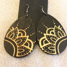 Etched Wood Earrings. Painted/Stained Black. Unmarked. Approx. 2.75” By 1 7/8” At Widest Points (Not Including Ear Wires) Earring Art, Earrings Wood, Laser Cut Earrings, Paint Stain, Wooden Earrings, Wood Earrings, Accessories Jewelry Earrings, Earrings Color, Jewelry Lover