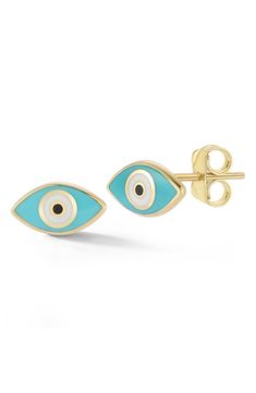 Colorful enamel draws attention to evil-eye studs crafted from 14-karat gold. 0.3"W x 0.2"L Post back 14k gold/enamel Made in Turkey Enamel Fine Jewelry, Yellow Gold Enamel Jewelry, L Post, Jewelry Evil Eye, Evil Eye Jewelry, Gold Enamel, Evil Eye, Nordstrom Rack, Fine Jewelry