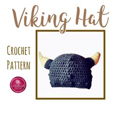 a crocheted hat with horns on it and the words viking hat written in white