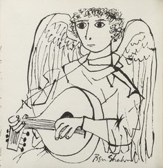 a black and white drawing of an angel holding a guitar