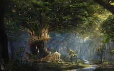 a painting of a tree house in the middle of a forest with lights hanging from it's branches