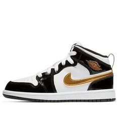 (PS) Air Jordan 1 Mid Patent 'Black Gold' BQ6932-007 (AJ1/SNKR/Mid Top/Colorblock/Basketball) Jordan 1 Gold, Tenis Nike Jordan, Black And Gold Jordans, Gold Nike Shoes, Jordan High Heels, Retro Basketball Shoes, Jordan Retro 1, Nike Air Jordan 1 Mid, Nike Gold