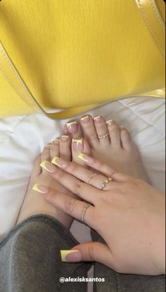 Yellow French Tip, Jamaica Nails, Pink Tip Nails, Yellow French, Classy Acrylic Nails