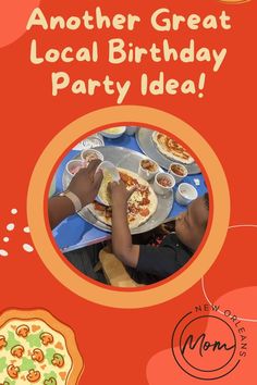 two children are sitting at a table with plates of food and the words another great local birthday party idea