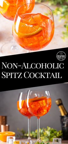 non - alcoholic spritz cocktails are served in glasses with garnishes