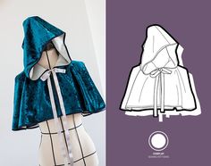 an image of a woman's cape with hood on it and the sewing pattern below