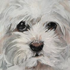 a painting of a white dog with black eyes