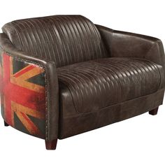 a brown leather chair with an union jack design