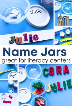 this is a collage of name jars for kids to use in their writing and crafts