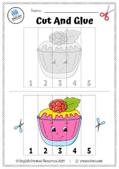 cut and glue worksheet for children to learn how to make a cupcake