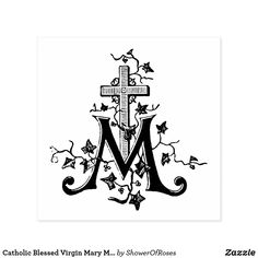 the letter m is decorated with flowers and stars in black ink on a white background