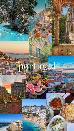 the collage shows many different places and their name is portugno, italy