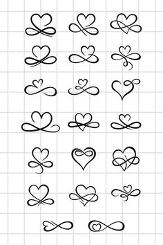 the different types of hearts drawn in black ink on a white tiled wall with squares