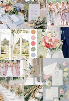 a collage of wedding photos with flowers and colors in the background, including pinks,