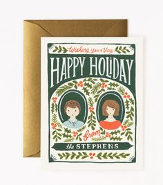 a happy holiday card with two women on it