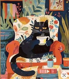 a black cat sitting on top of a chair holding a cup