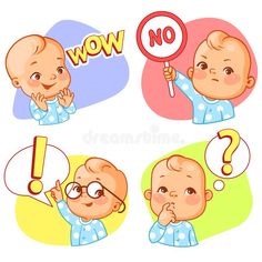 a set of four cartoon babys with different expressions and words on their faces, including one holding a sign that says wow