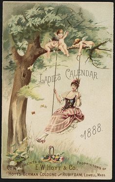 a woman on a swing in front of a tree with cherubs hanging from it