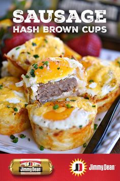 sausage hash brown cups on a plate with strawberries