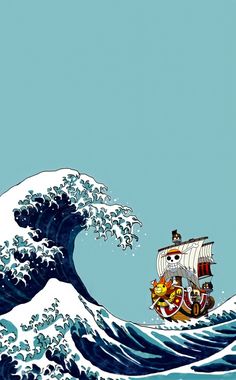 an image of a boat in the middle of a big wave with cartoon characters on it