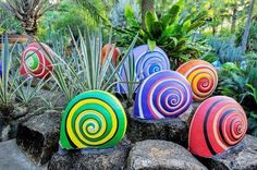 colorful garden decorations in the shape of spirals and succulents on rocks