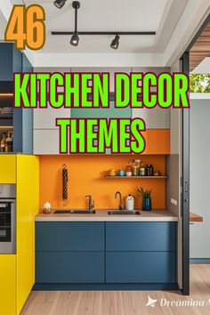 the kitchen decor themes are displayed in different colors and styles, including blue, yellow, orange, and white